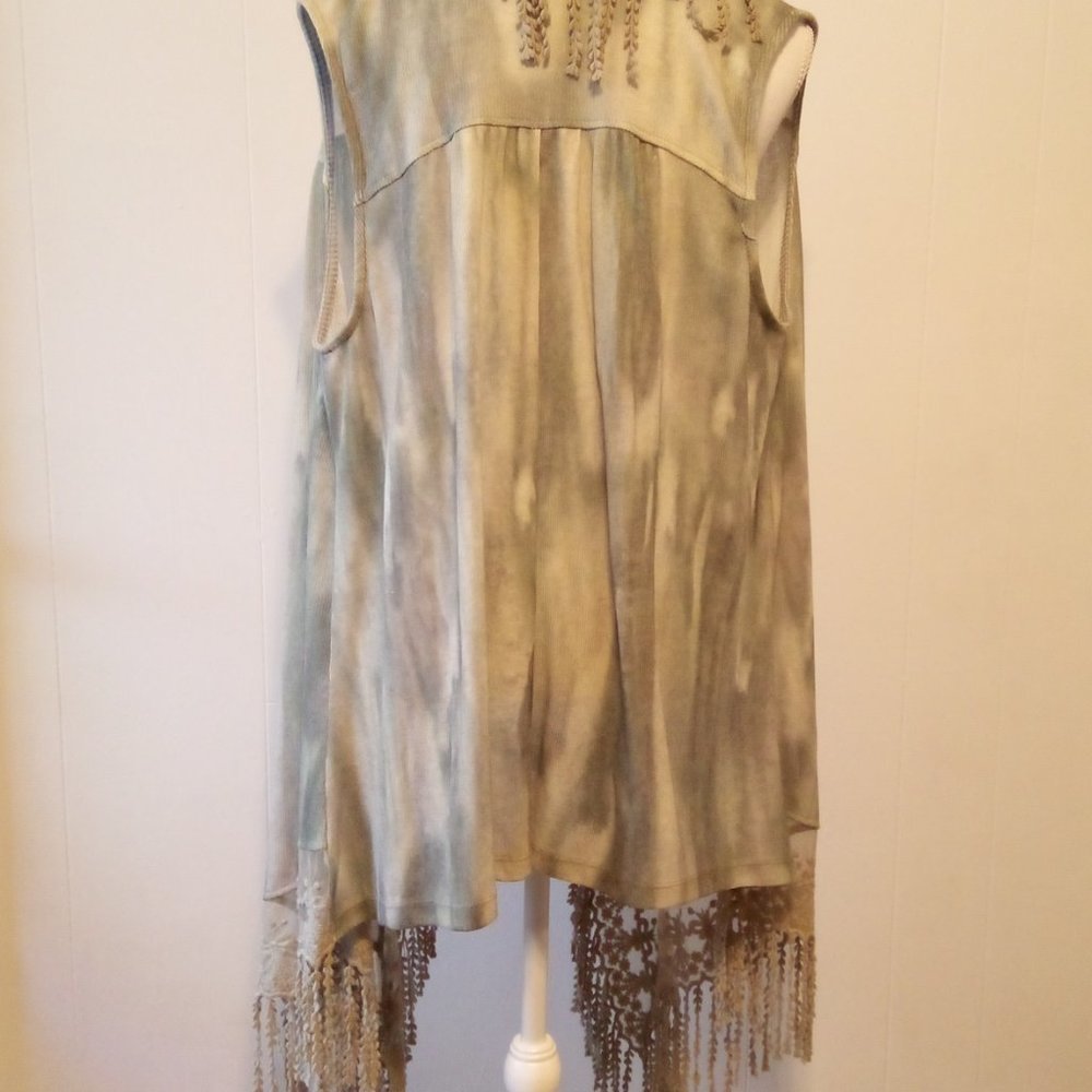 One World Sage Green Tie Dye Lace Fringe Duster Cardigan Size: Large - Picture 8 of 14
